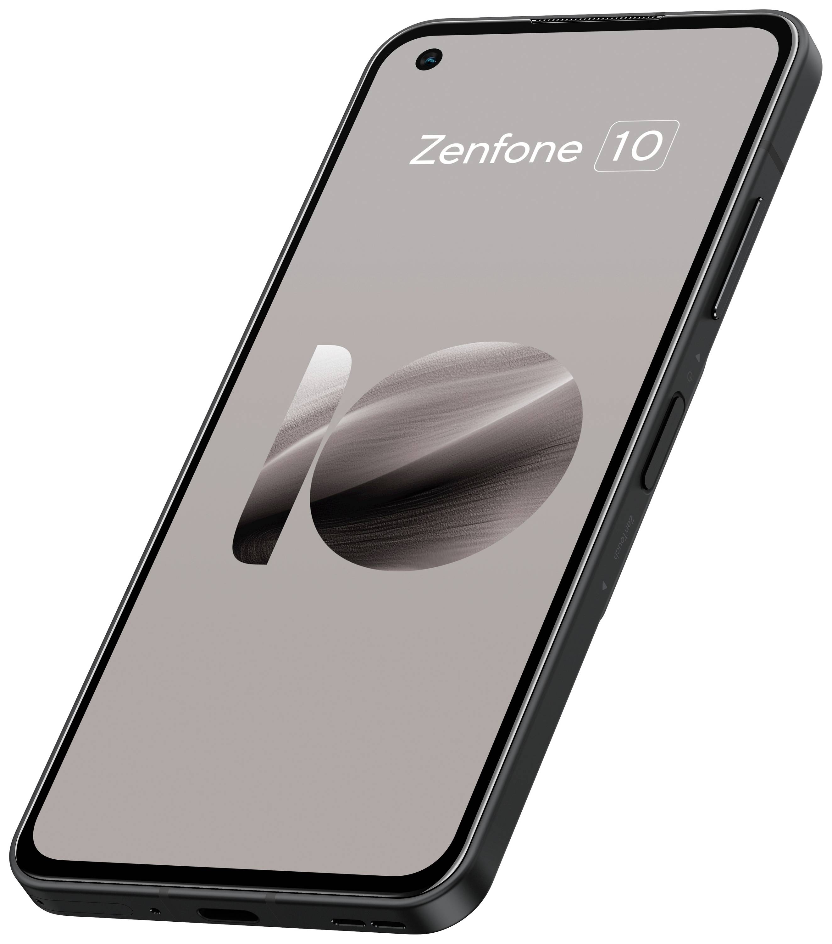 En moderne smartphone med stor skærm og siddeknapper. På skærmen står der 'Zenfone 10' og viser logoet '10'.