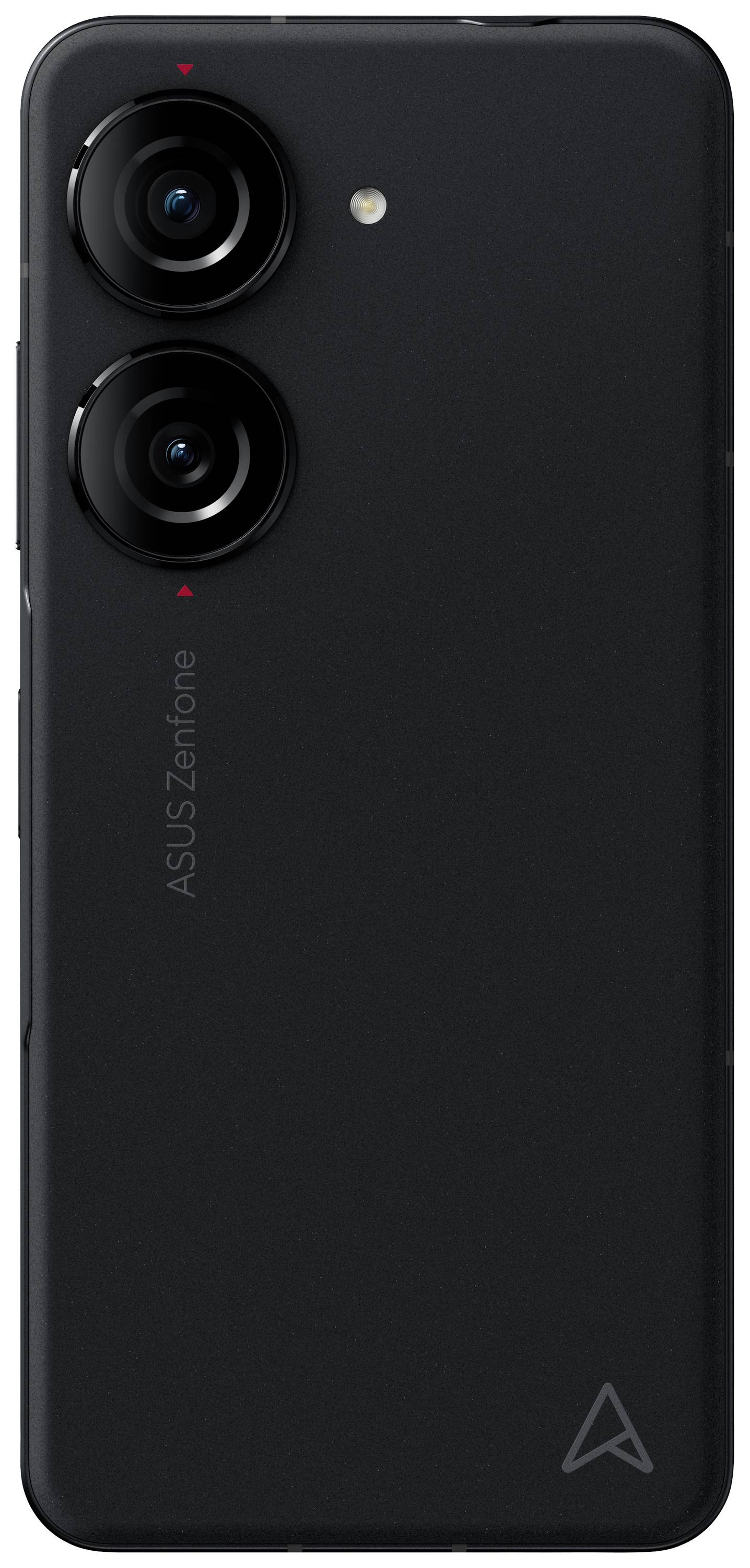 Et sort smartphone med to kameralinser og et lille lys på bagsiden. Mærket 'ASUS Zenfone' er synligt på siden.