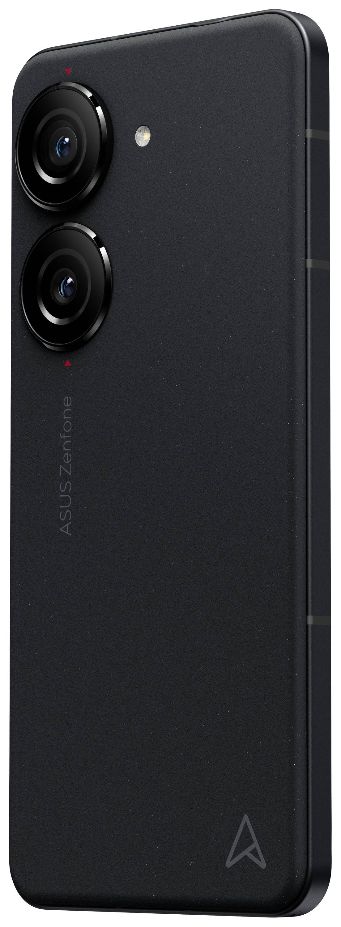En sort smartphone med to kameralinser og et blitz på bagsiden. Mærkning 'ASUS Zenfone' på bagsiden.
