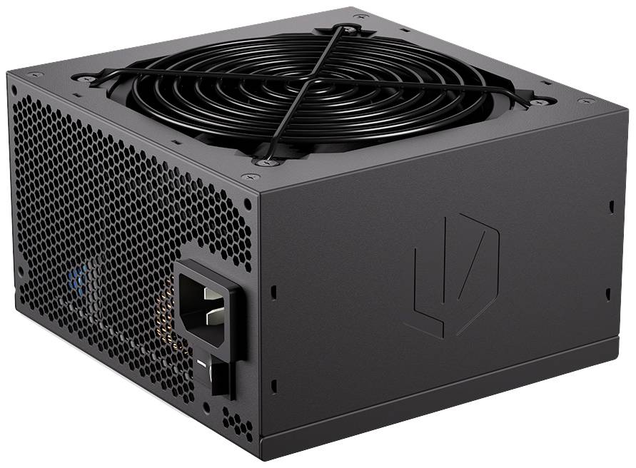Sort computer-strømforsyning med ventilationsgitter og stik, står oprejst. Ideel til strømforsyning af pc-komponenter.