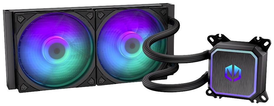 Væskekølesystem med RGB-belysning, to ventilatorer og en pumpe. Egnet til køling af computerprocessorer.