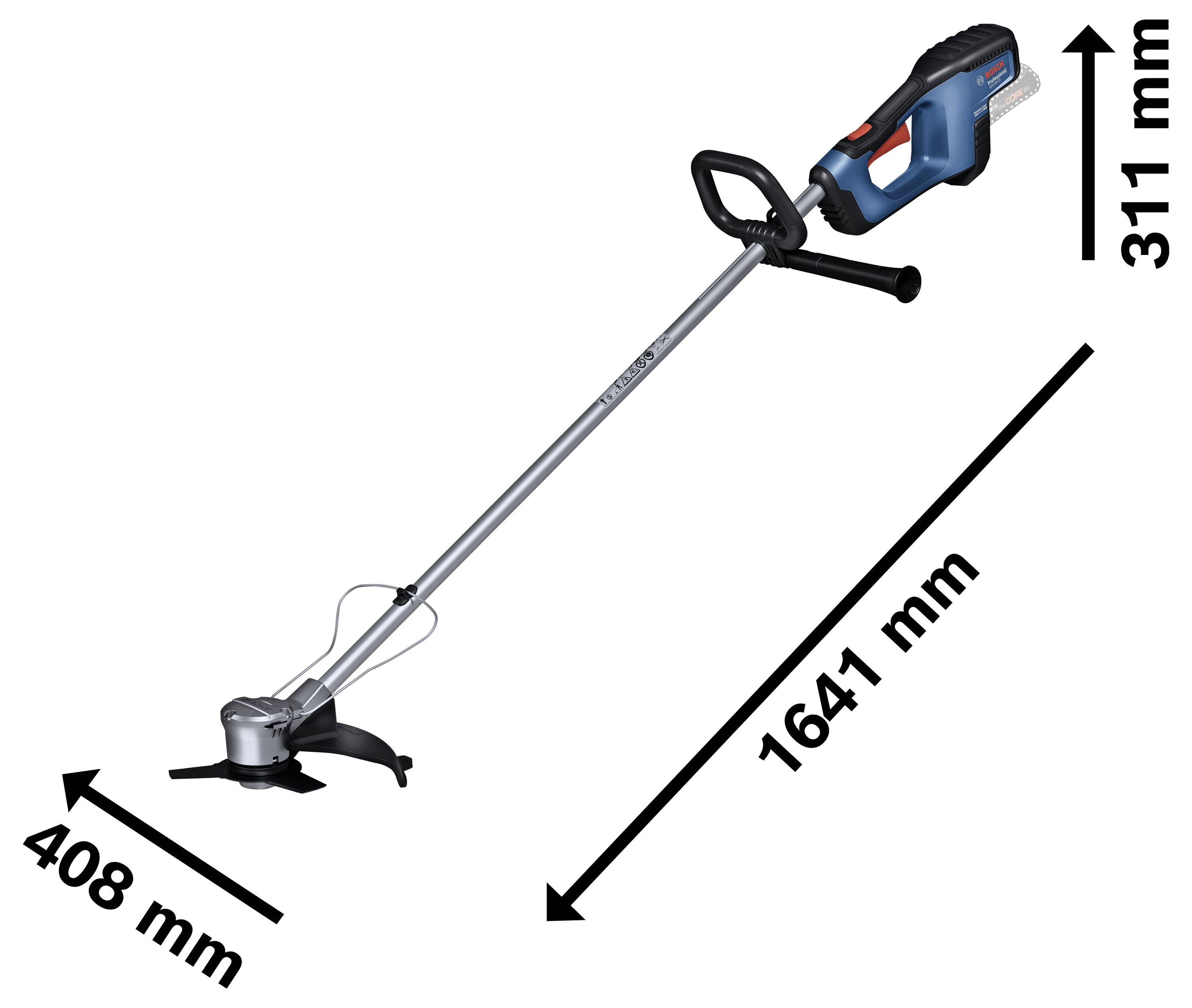 Batteridrevet græstrimmer med blå håndtering, lang metalstang, sort greb og 408 mm klippebredde, dimensioner markeret.