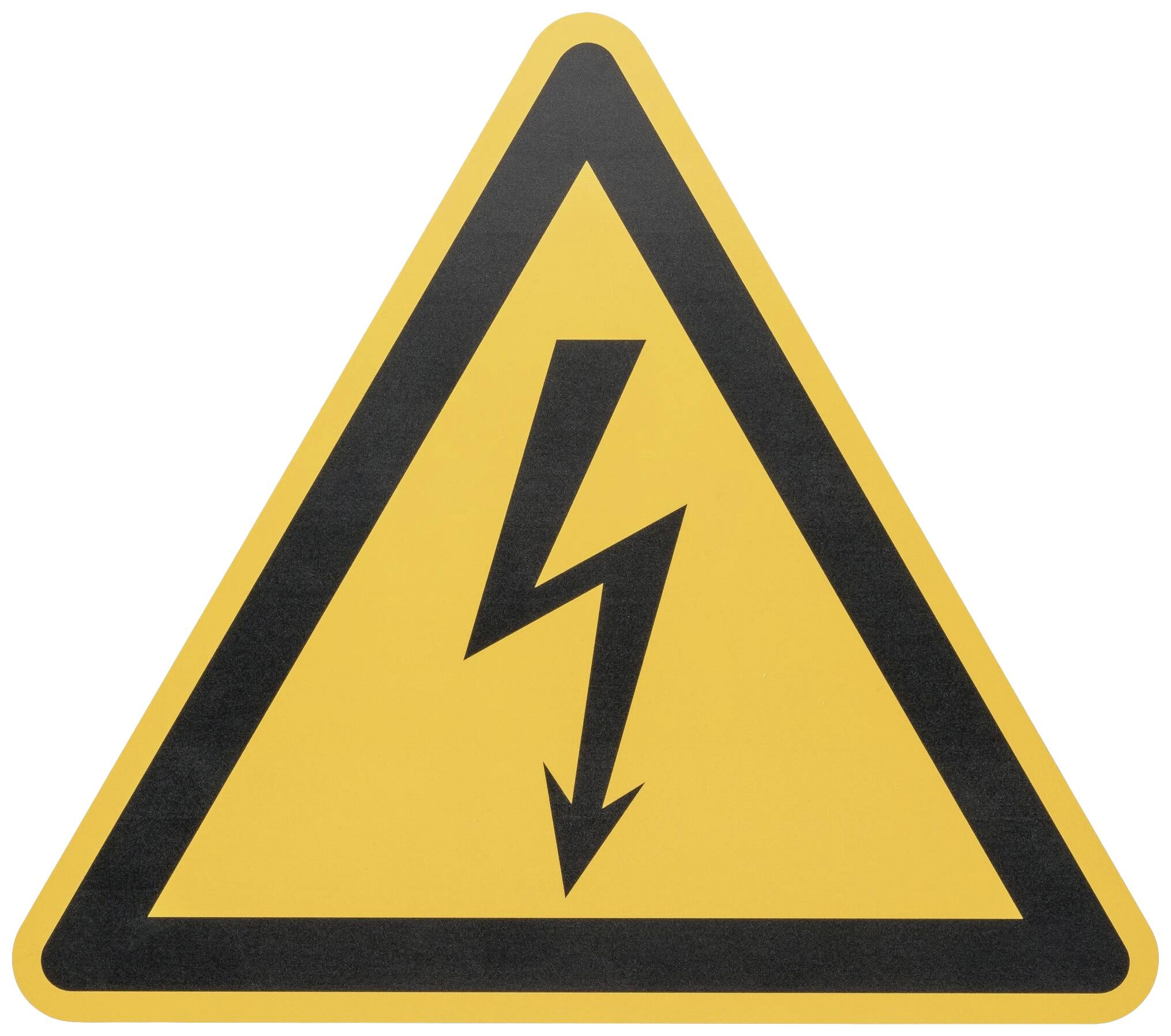 Trekantet advarselsskilt med gul baggrund og sort lynsymbol; advarer om elektrisk fare.