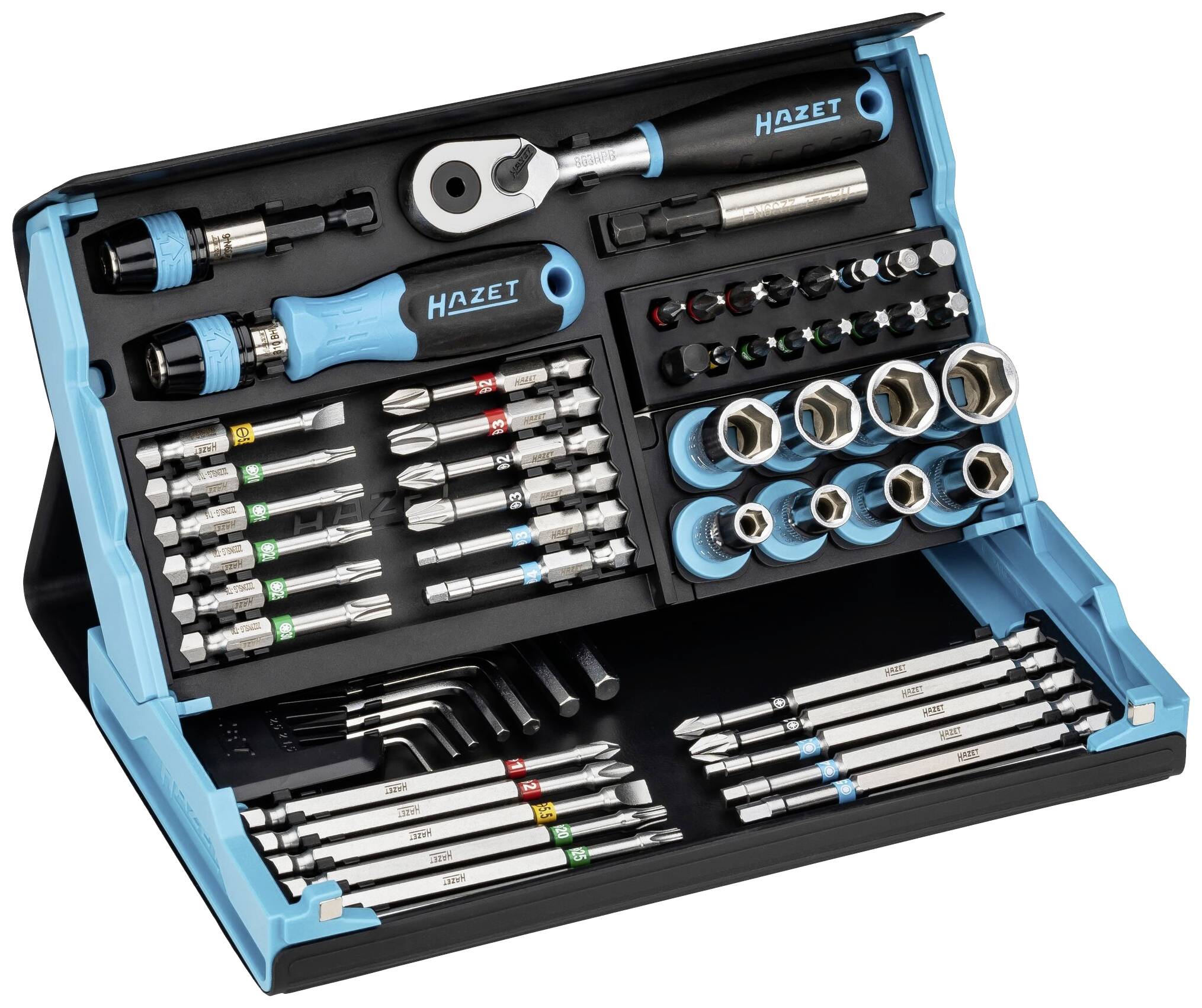 Et værktøjssæt med forskellige skruetrækkere, bits og unbrakonøgler. Sættet er arrangeret i et opklappelig etui.