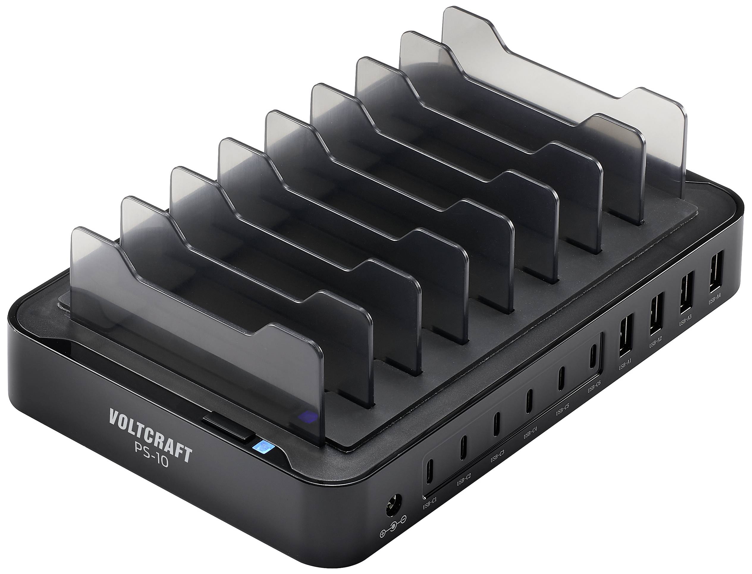 Sort USB-oplader med 10 porte og gennemsigtige skillevægge. Logo 'VOLTCRAFT PS-10' synligt forfra.