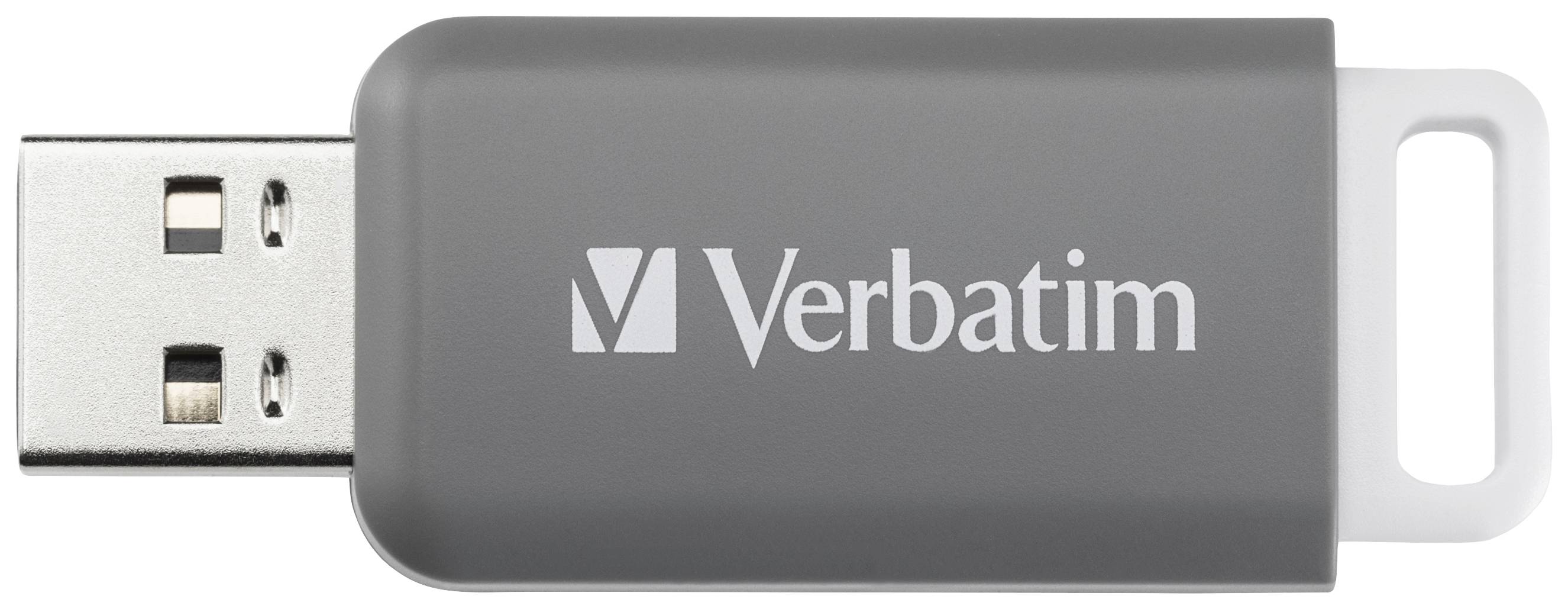 En grå USB-stick fra mærket Verbatim med et hvidt hætte.
