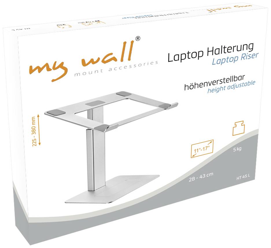 Laptop-holder med højdejustering, egnet til 11"-17" laptops, kan bære op til 5 kg. Mærke 'my wall', model HT 45 L.