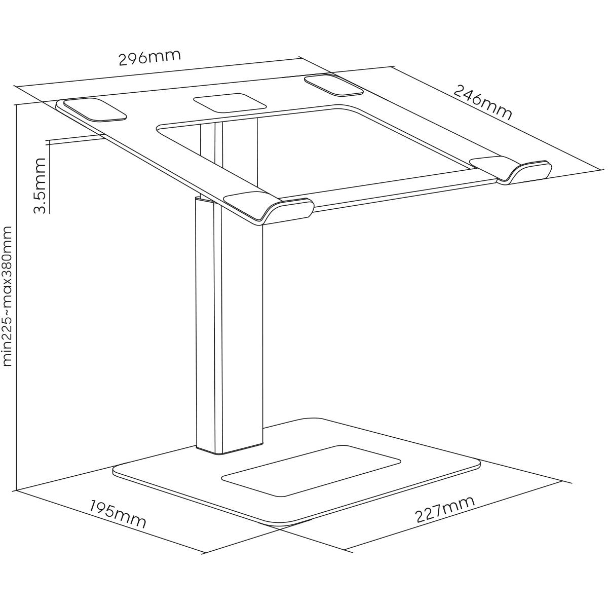 Teknisk tegning af en justerbar laptopstander med følgende mål: 296 mm bredde, 246 mm højde, 227 mm basisbredde. Højdejustering: 225 mm til 390 mm.