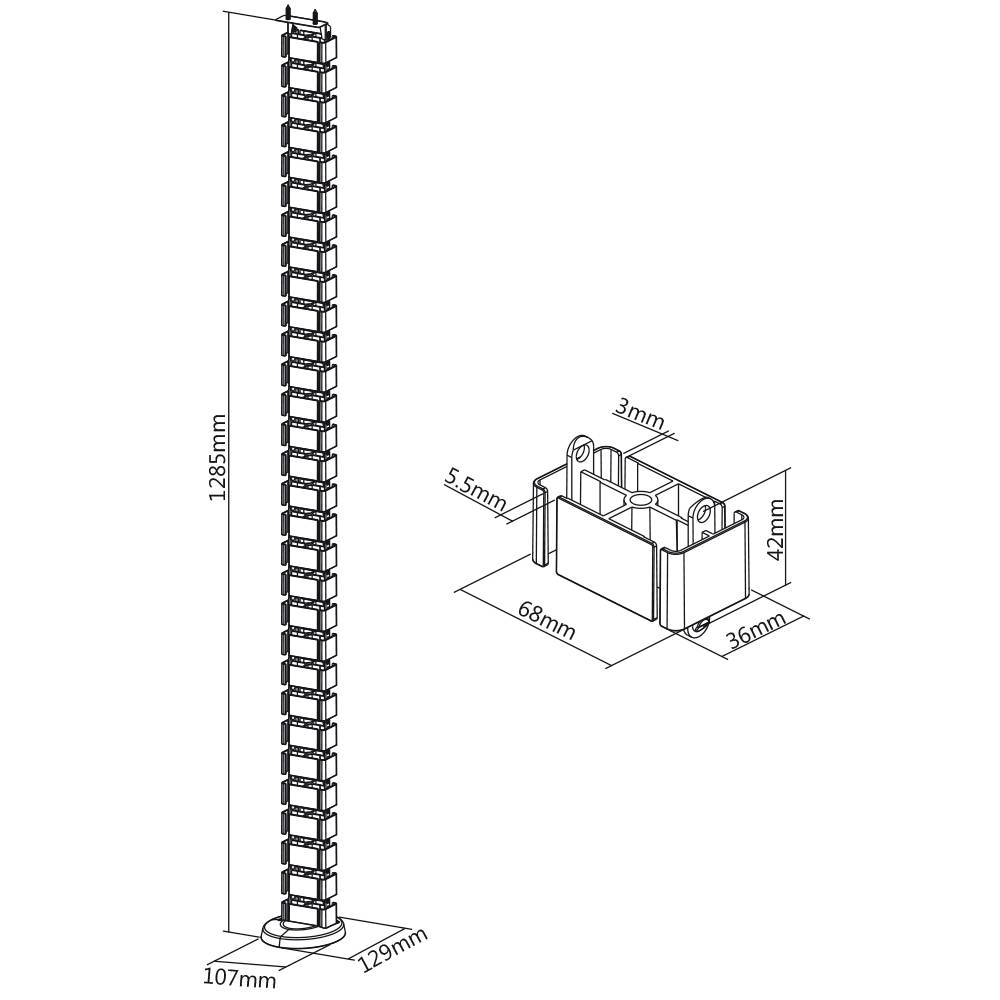 En teknisk tegning af en kabelkanal og en holder med dimensioner: Kanalens højde 1285 mm, sokkelmål 129 mm x 107 mm, holder 68 mm x 36 mm x 42 mm.