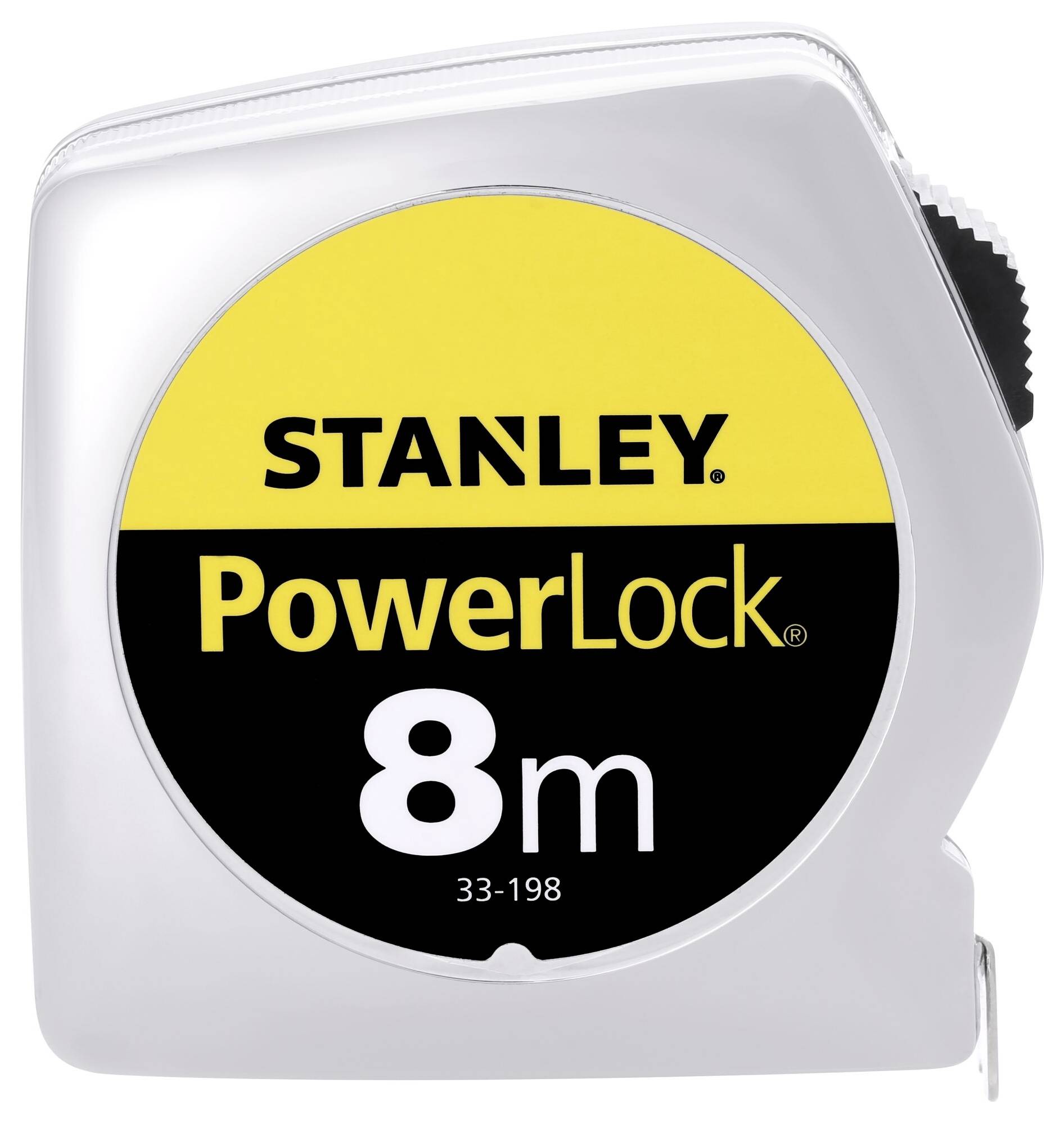 Et sølvfarvet målebånd med gult label: 'STANLEY PowerLock 8m'. Hovedkarakteristika: Længde på 8 meter.