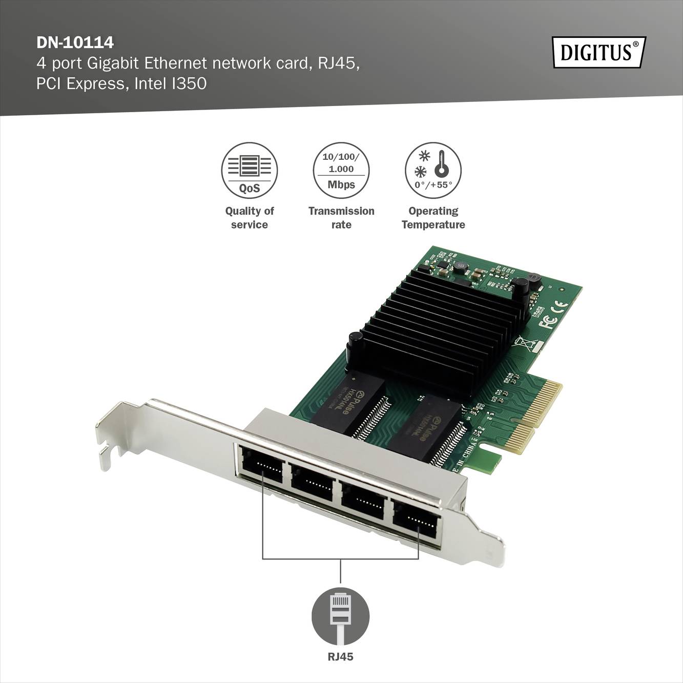Netværkskort med fire RJ45-porte, Gigabit Ethernet, PCI Express, Intel i350 chipsæt. Understøtter QoS, 10/100/1000 Mbps.