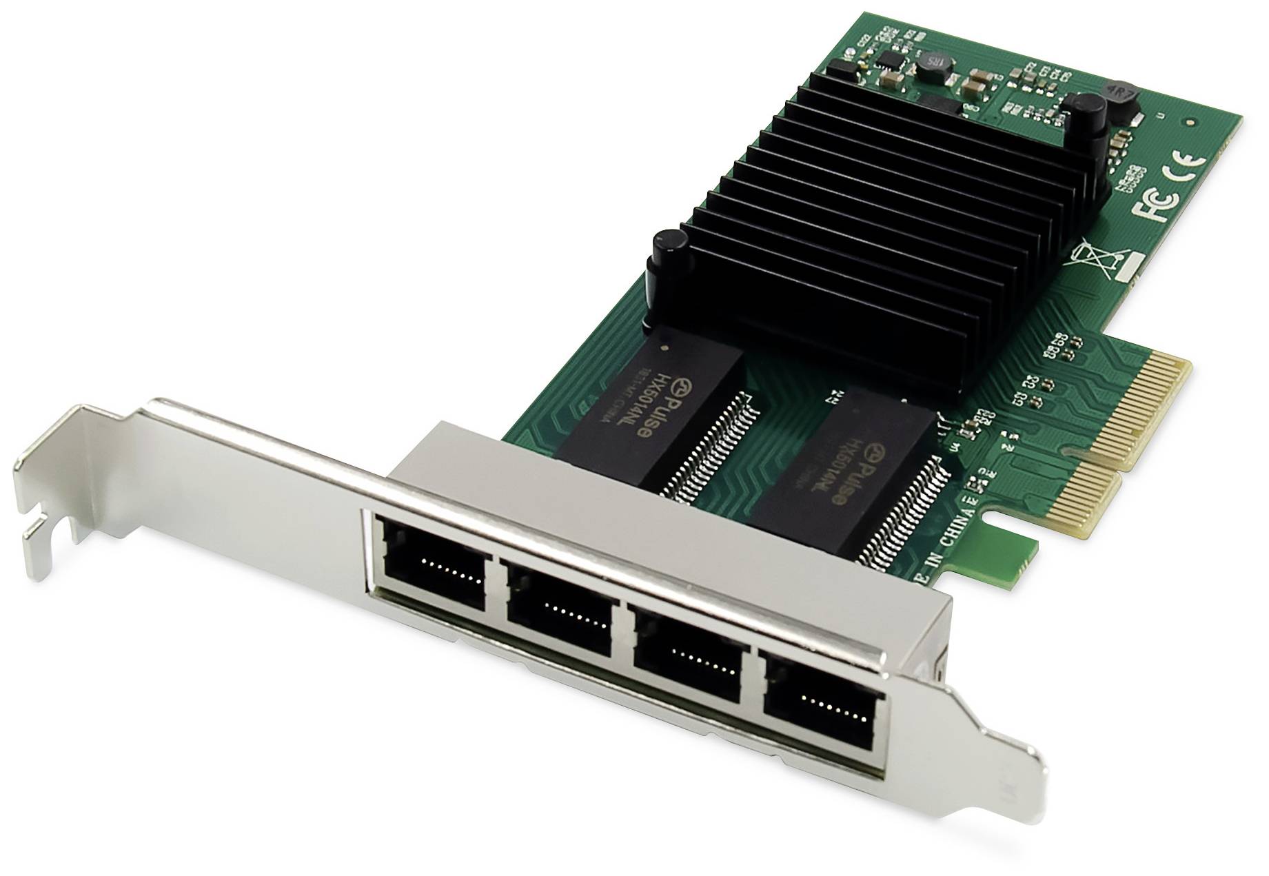 Netværkskort med fire Ethernet-porte, velegnet til højhastighedsforbindelser i computernetværk.