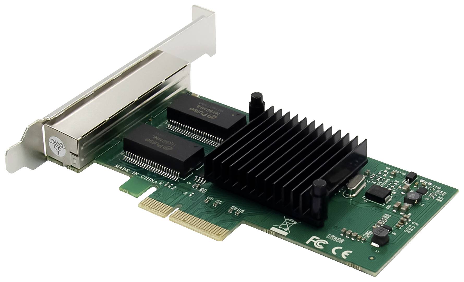 Netværkskort med grønt kredsløbskort, sort køleplade og PCIe-stik, bruges til computernetværk.