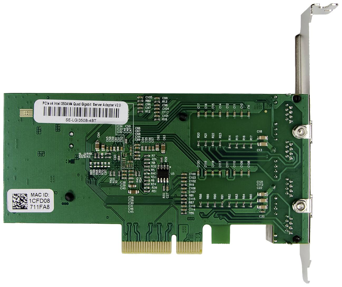 Netværkskort med grønt printplade og guldkontakter, adskillige elektroniske komponenter og en etiket med serienummer og MAC-ID.