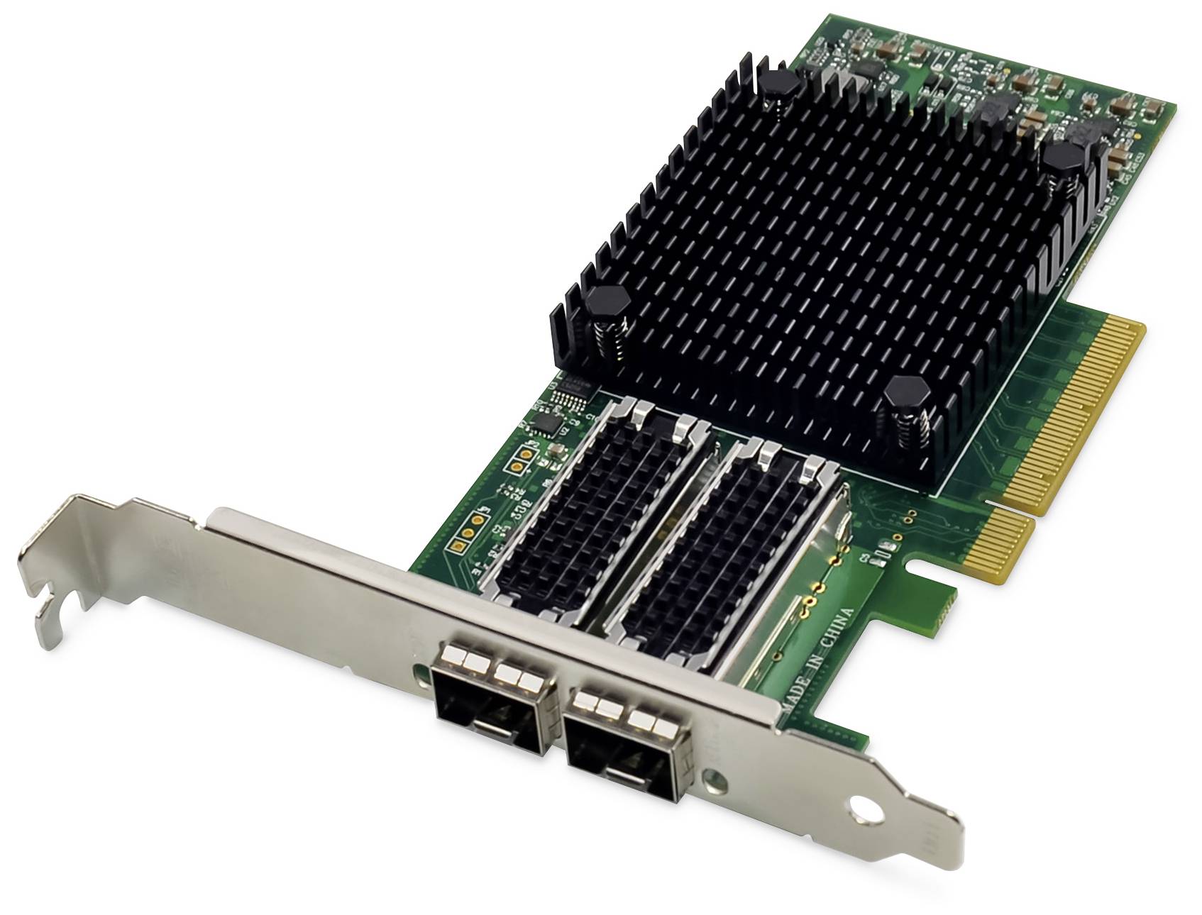 Computernet-netværkskort med to Ethernet-porte og en køleplade, bruges til at forbinde computere med et netværk.