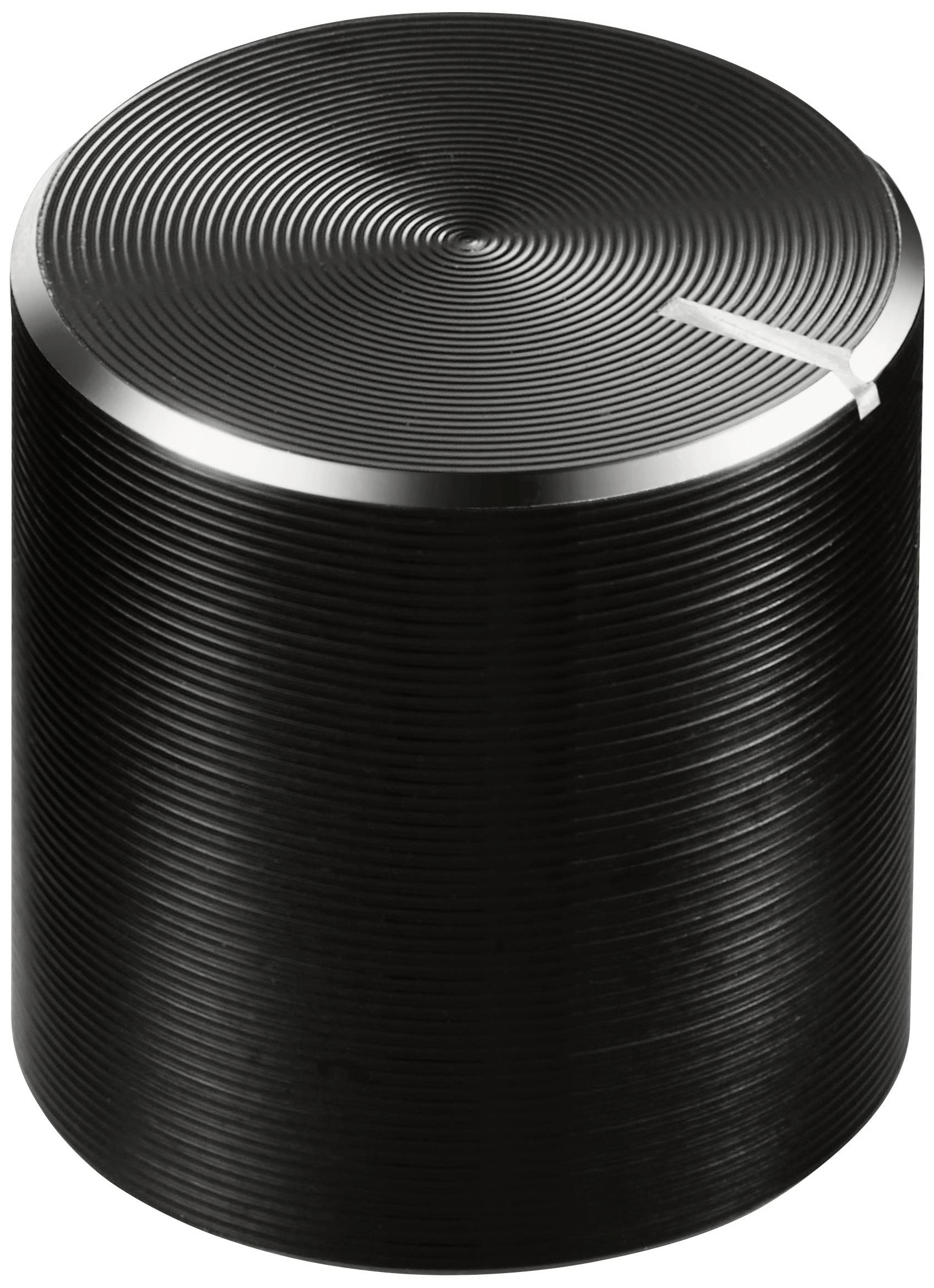 Cylindrisk drejeknap i sort metal med sølvfarvet markering på toppen til positionsangivelse.