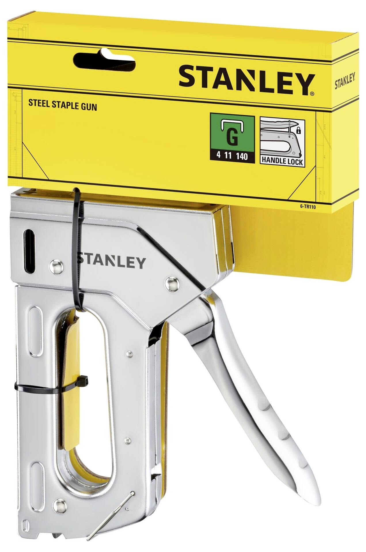 Stanley håndbetjent hæftemaskine i sølvfarve med gul emballagekarton, hvorpå der står 'Steel Staple Gun'. Ophængsanordning synlig øverst.