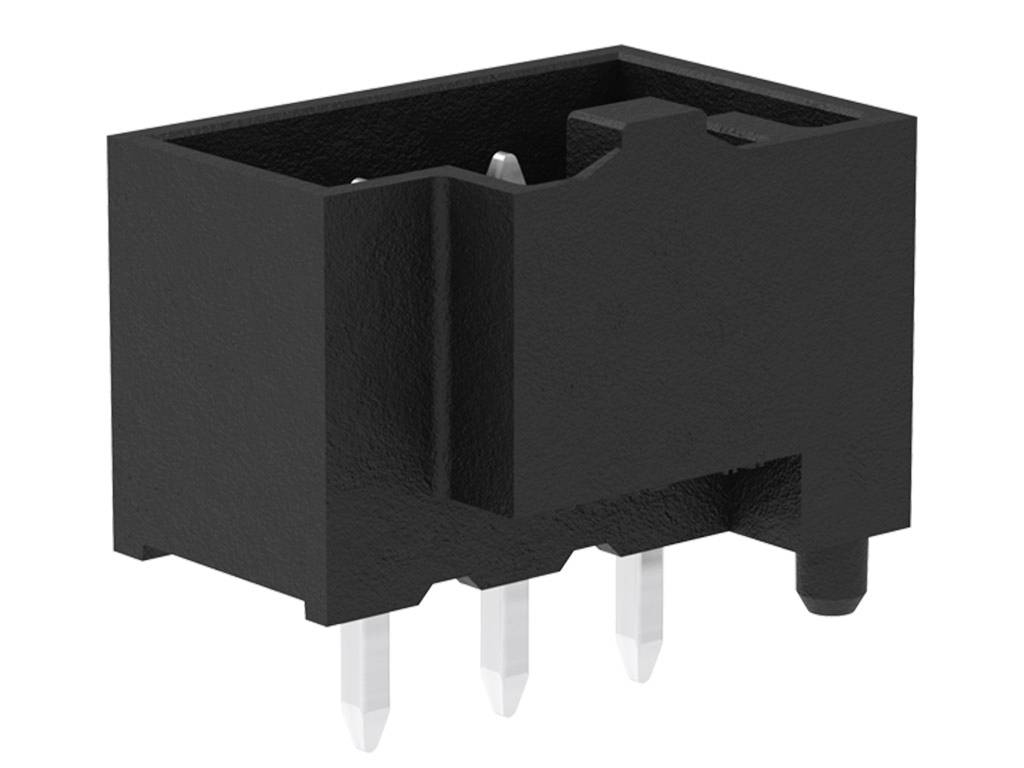 Sort elektrisk stik med tre metalliske ben, vist fra siden. Egnet til elektroniske enheder eller printkorttilslutninger.