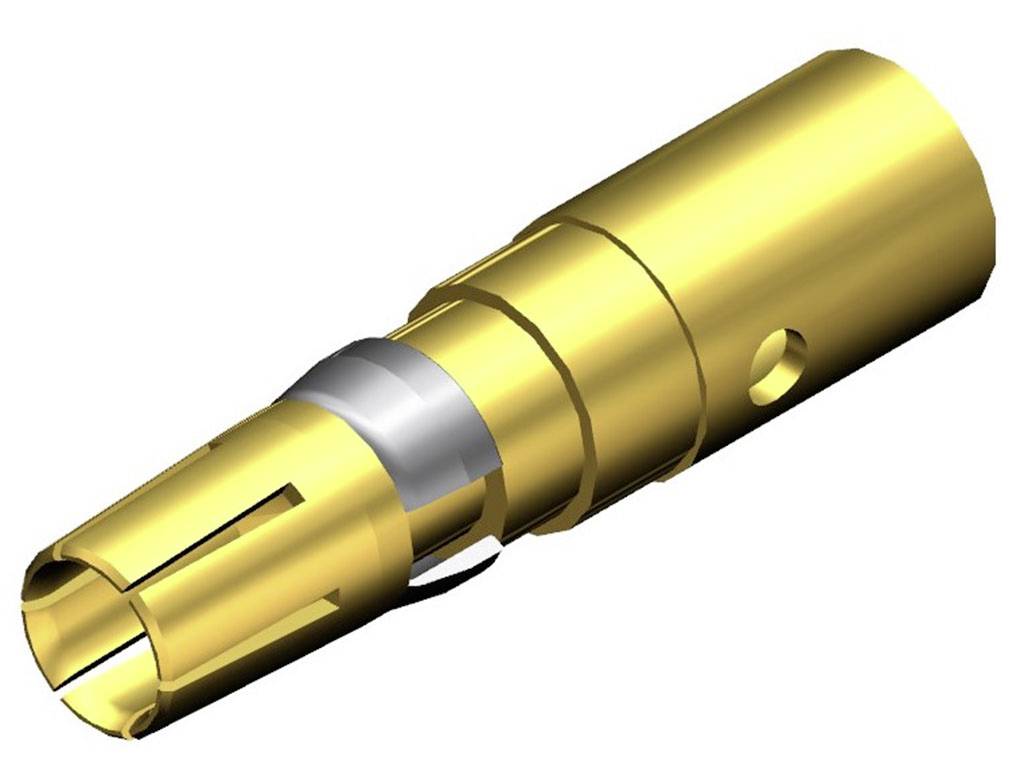 En gylden elektrisk stikforbindelse med cylinderform og flere kontakter.