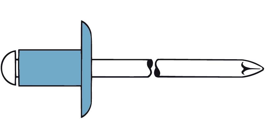 Illustration af en blindnitte set fra siden med blå og hvide dele. Hovedkomponenter: Hoved, skaft, stift.