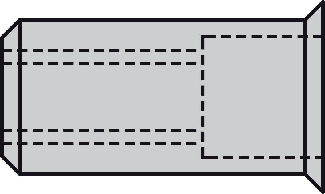 Diagram over et papirkonvoluts foldeskema med stiplede og ubrudte linjer, der angiver foldekanter og flige.