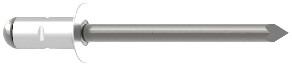 En popnitte med metalstift og rund hoved, bruges til at forbinde to eller flere materiallag.