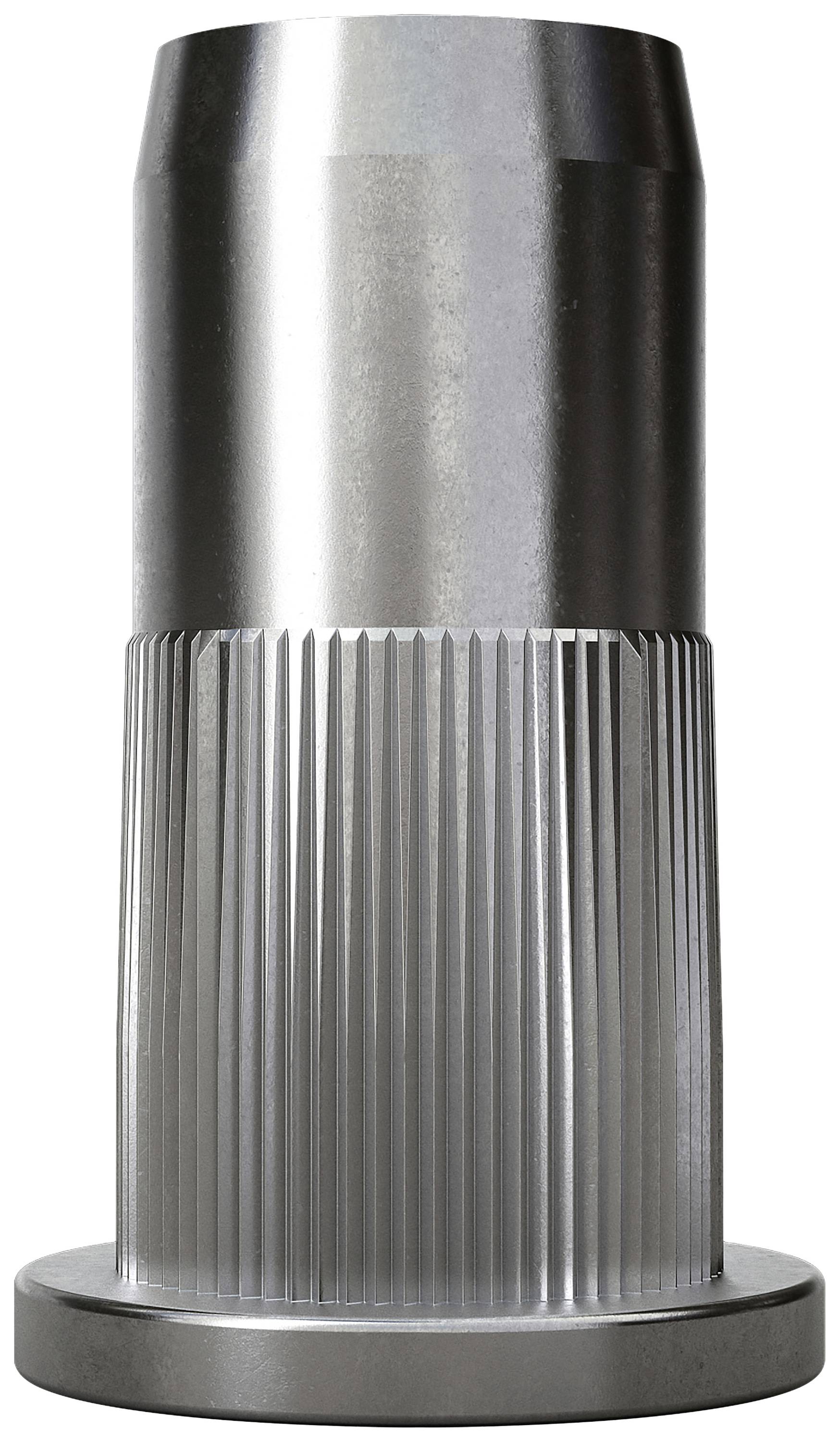 Metallisk, cylindrisk komponent med riflet overflade og glat øvre sektion; egner sig formentlig til mekaniske anvendelser.