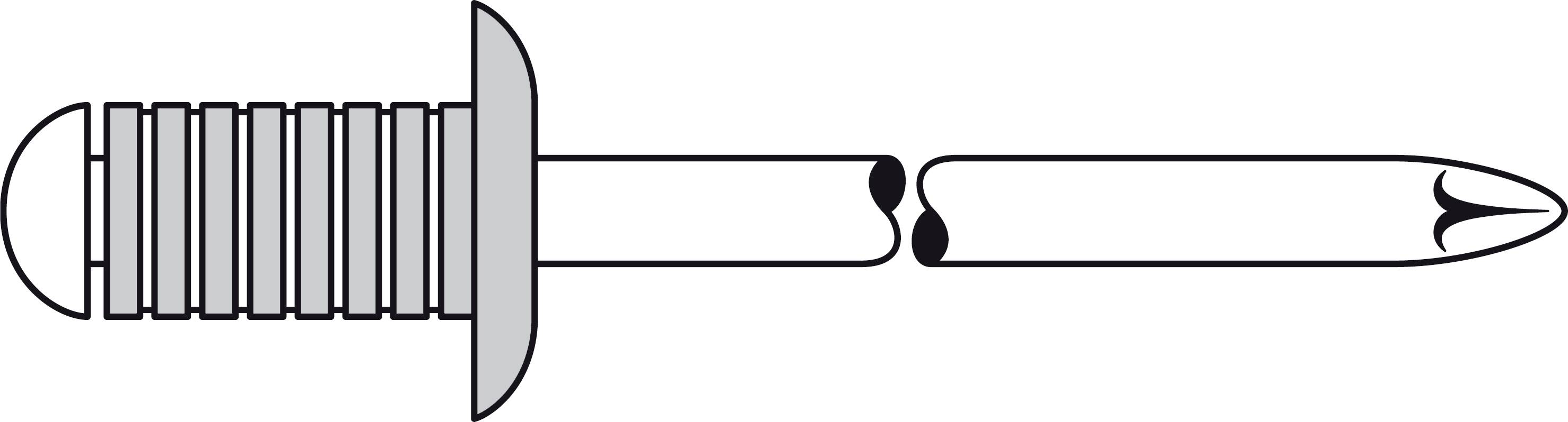 Diagram over en blindnitte: viser strukturen med hoved, skaft og stift. Stiften er trukket gennem skaftet for fastgørelse.