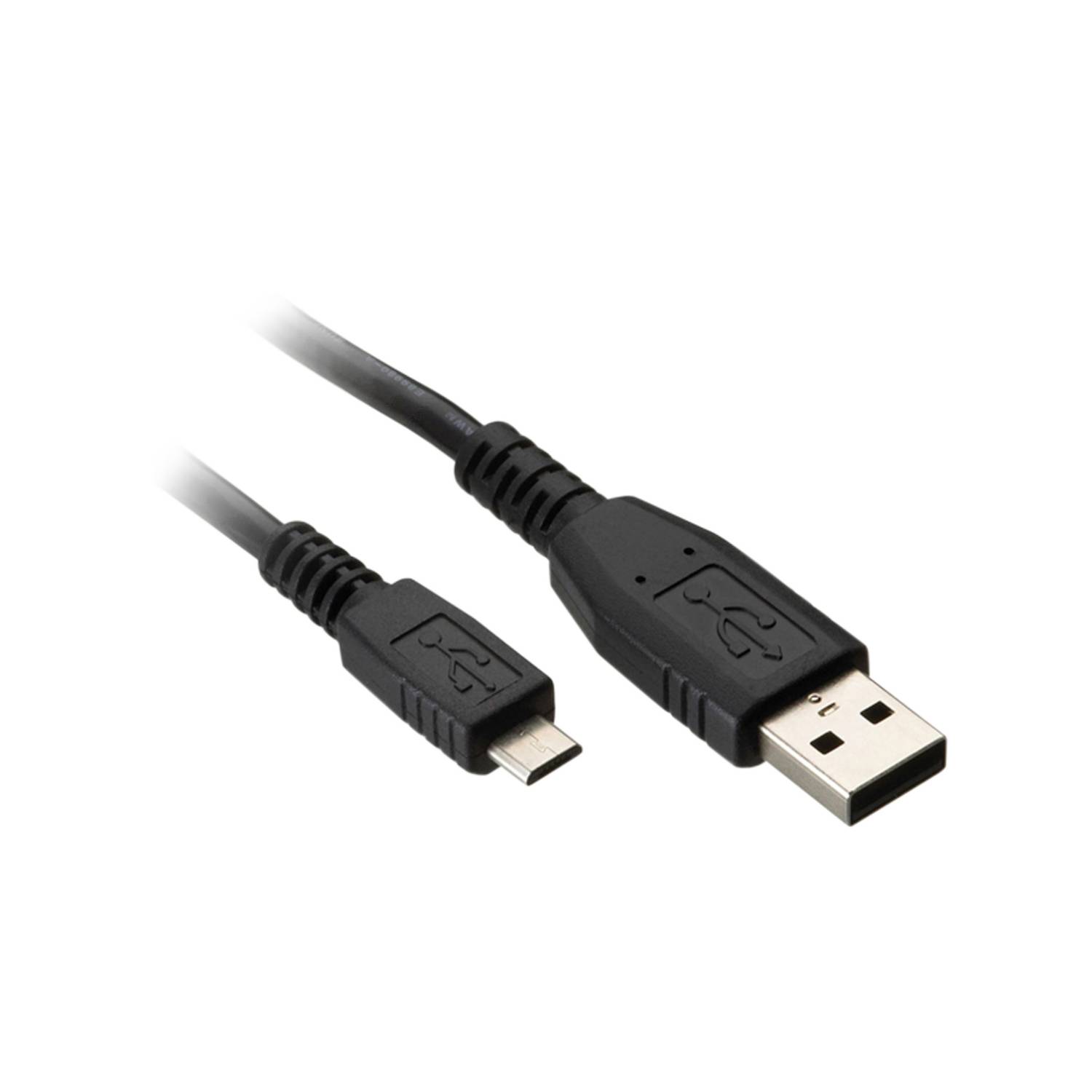 To kabler i sort: til venstre et Micro-USB-stik, til højre et standard USB-A-stik.