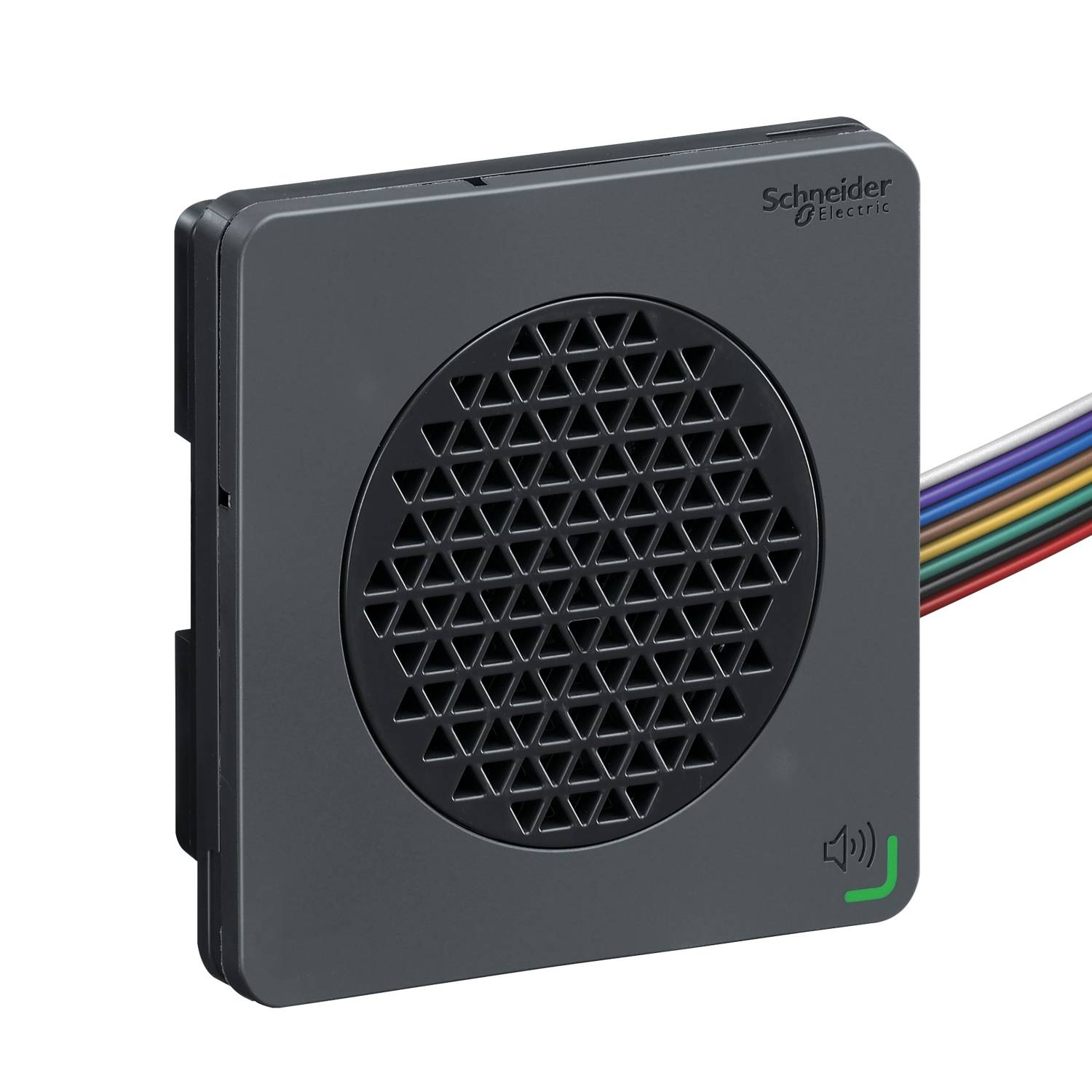 En firkantet sort højtaler med et gitteragtigt mønster og et volumensymbol i hjørnet fra Schneider Electric.