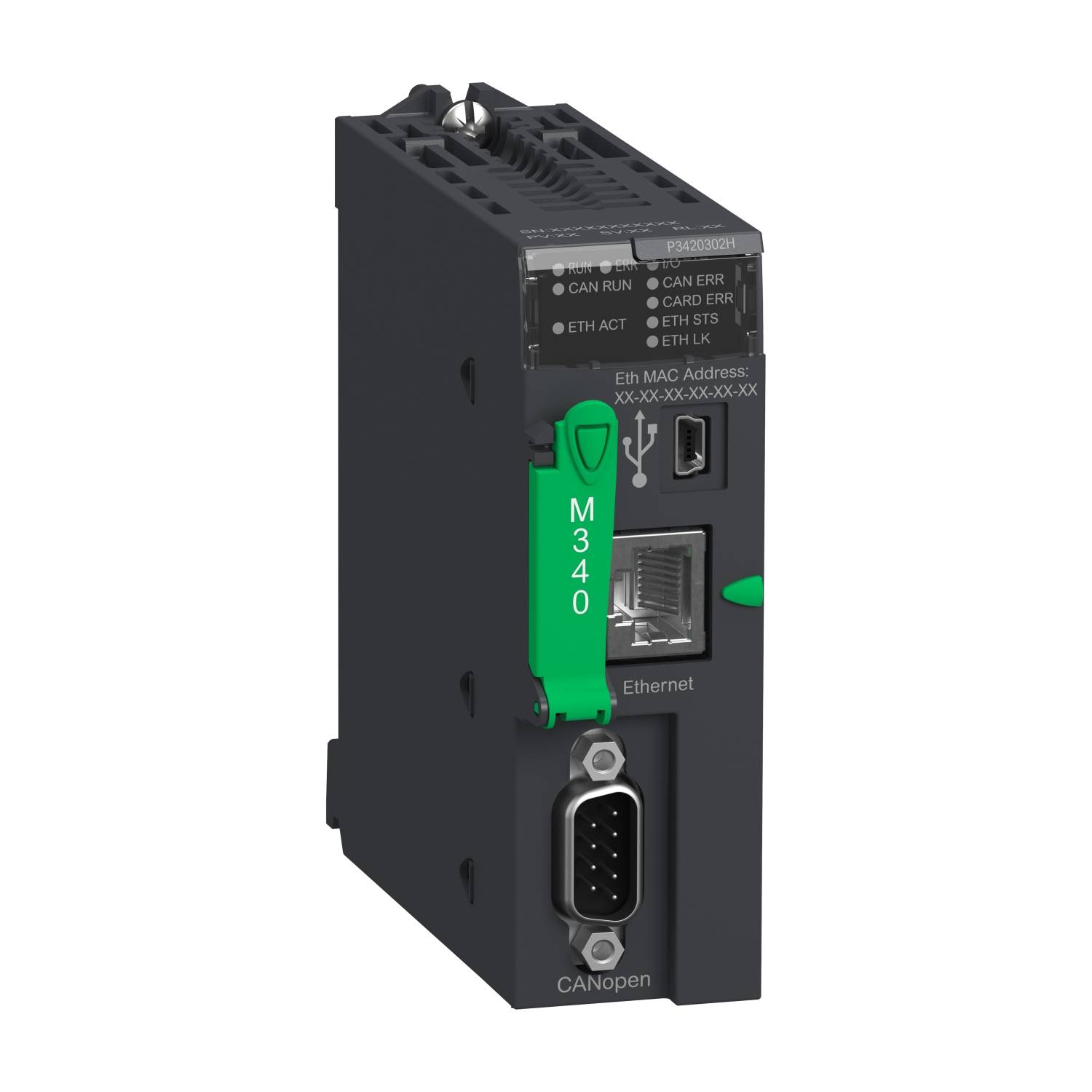M340-SPS-modul med Ethernet- og CANopen-tilslutninger, LED-indikatorer for netværksstatus, egnet til industriel automatisering.