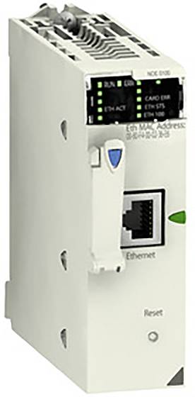 Industrielt Ethernet-kommunikationsmodul med statuslamper for drift, adresse og Ethernet-forbindelse. Indeholder reset-knap.