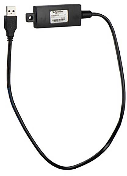 Et sort USB-kabel med et lukket hus i midten, muligvis til dataoverførsel eller strømforsyning.