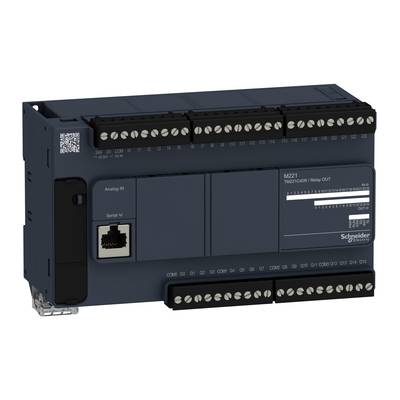 En mørkegrå industriel styreenhed med flere tilslutninger, port til analogt input, seriel forbindelse og QR-kode på forsiden.