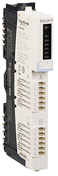 Et hvidt-sort elektronisk modul med flere stik og påskriften 'Schneider Electric'.