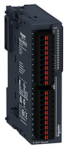 Sort elektronisk modul med flere tilslutninger, vertikale røde striber på forsiden, tekniske oplysninger trykt på siden.