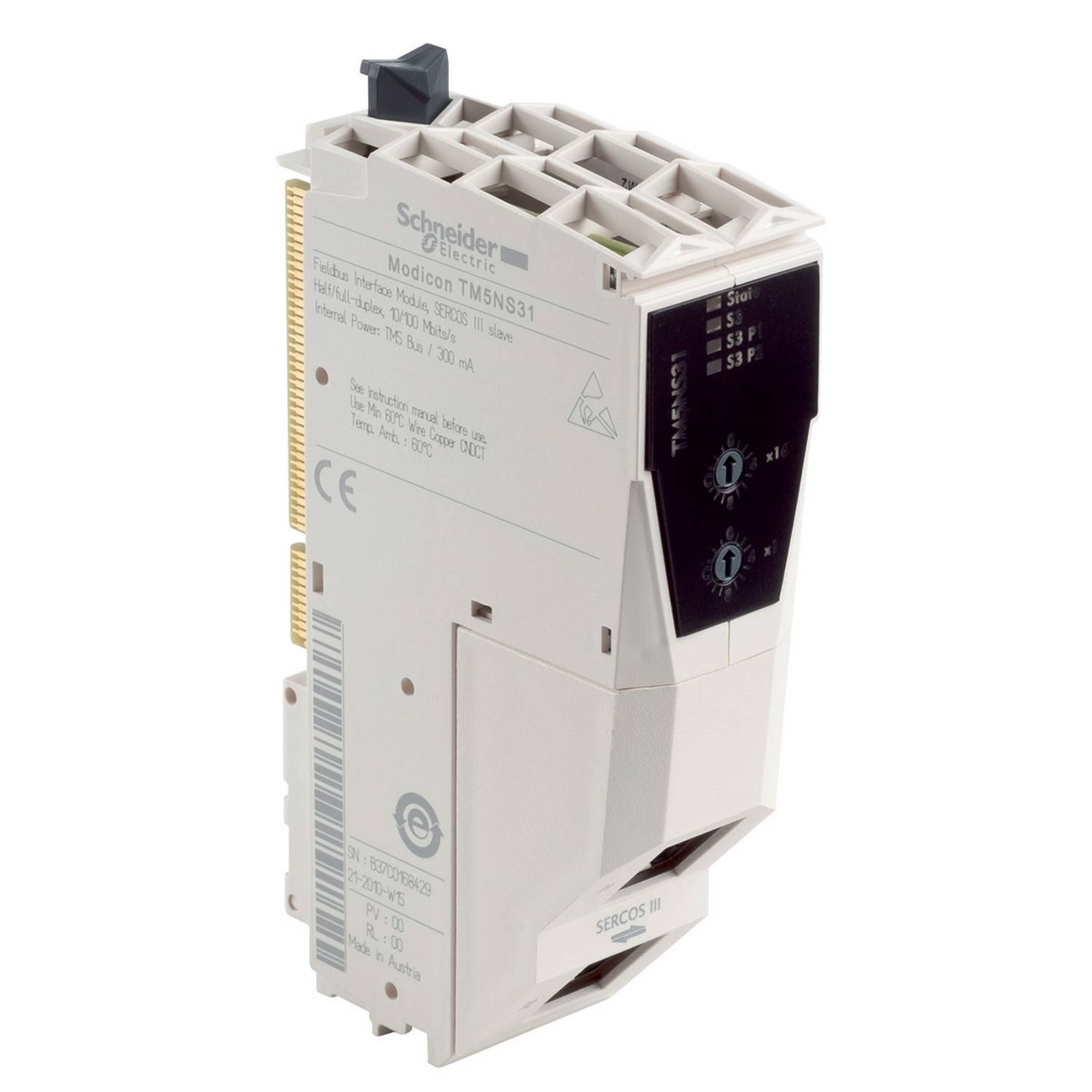 Et industrielt styringssmodul fra Schneider Electric, model Modicon TMS4N631, med sideplacerede tilslutninger og betjeningselementer på forsiden.