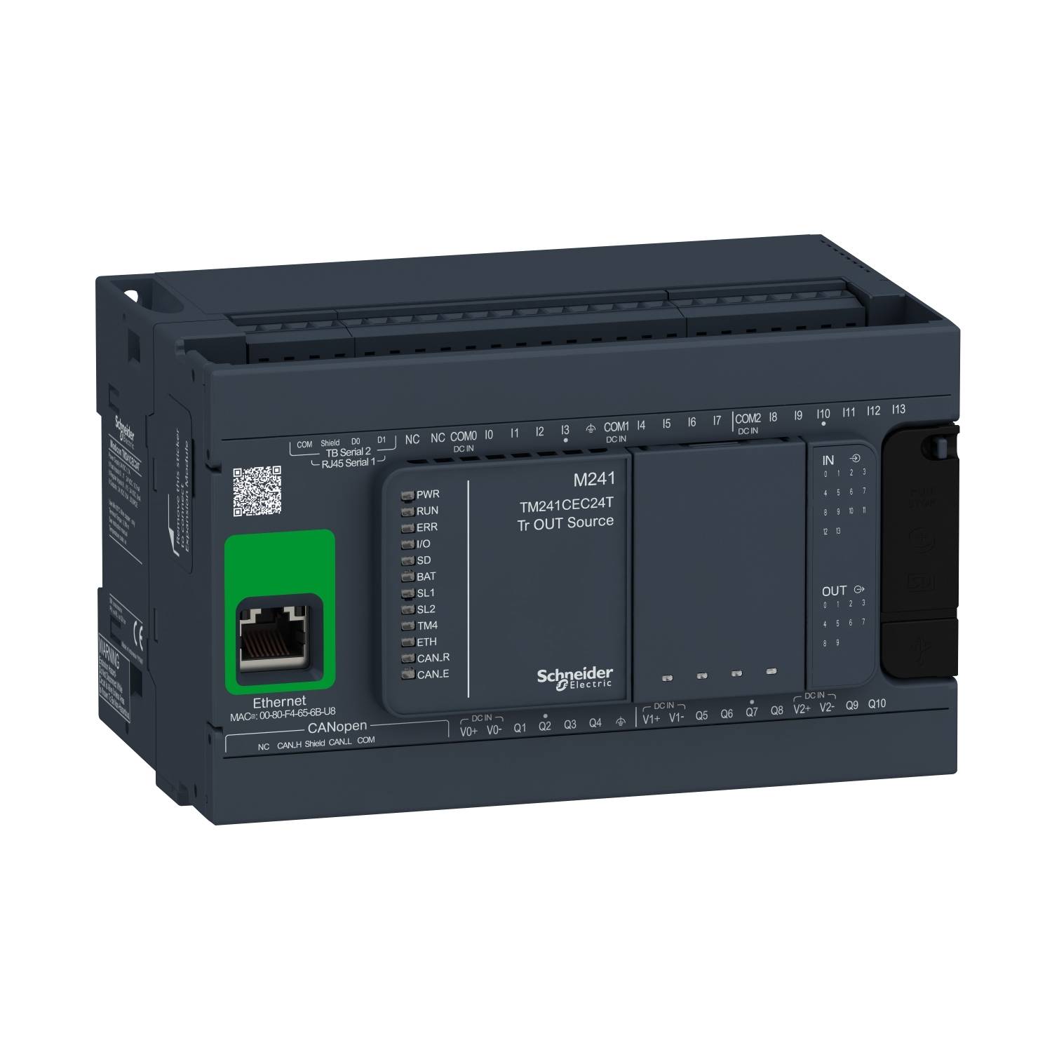 En kompakt, grå Schneider-elektronikcontroller M241 med Ethernet- og outputtilslutning, egnet til industrielle automationsapplikationer.