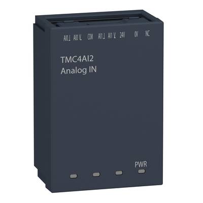Et mørkegrå elektrisk modul mærket 'TMC4AI2 Analog IN'. Det har påskrifter for tilslutninger og en 'PWR'-indikator.