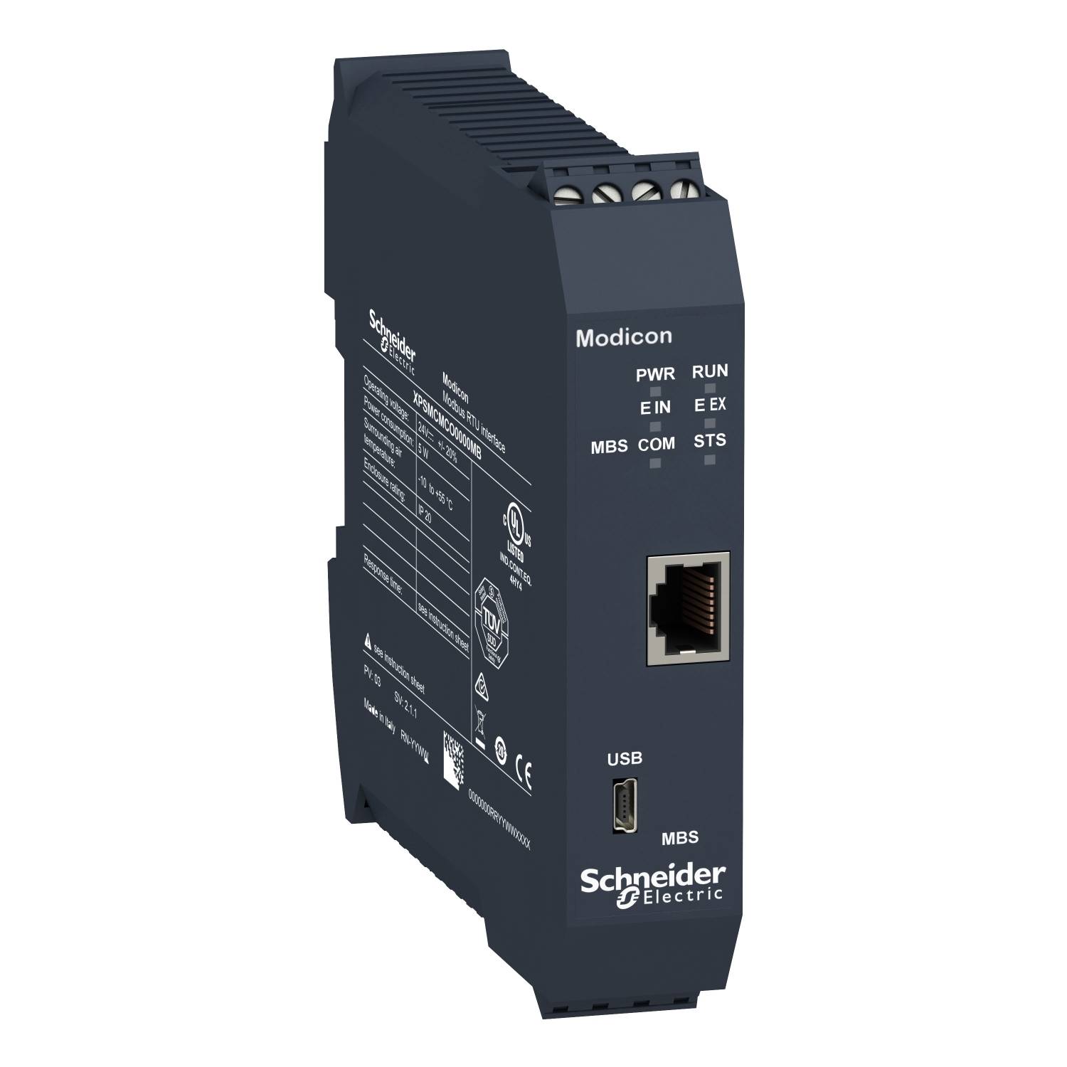 Kompakt Modicon-kontrolenhed fra Schneider Electric med Ethernet-forbindelse og USB-interface, ideel til industrielle anvendelser.