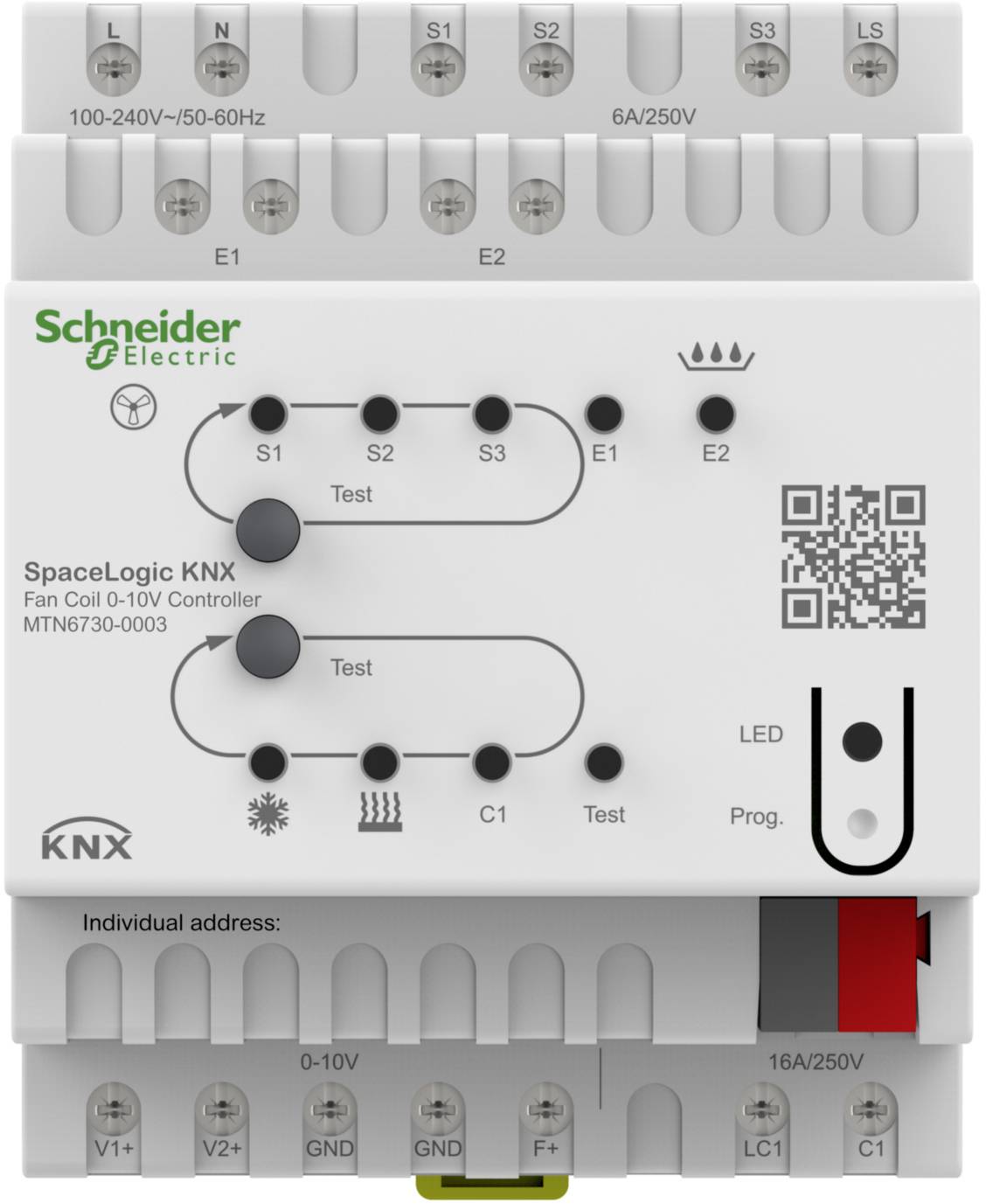 SpaceLogic KNX Fan Coil 0-10V Controller fra Schneider Electric, modelnummer MTN6730-0003. Viser tilslutninger, knapper, LED og QR-kode.