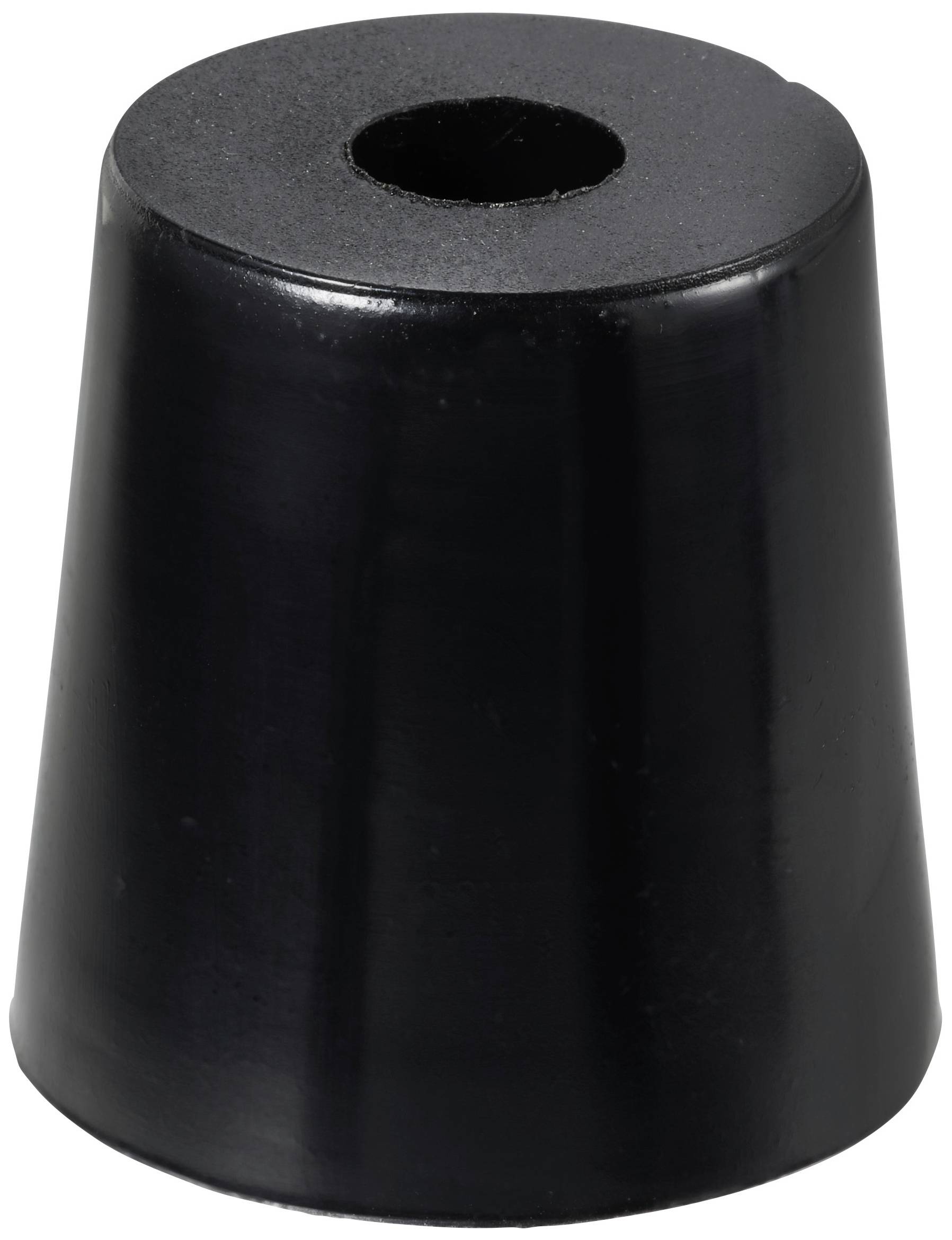 En sort, konisk gummistop med et centralt hul, som minder om en dørstopper, står lodret.