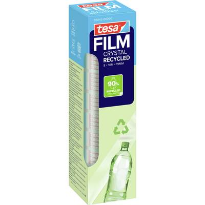 En grøn æske med Tesa Film Crystal Recycled tape vises. Den fremhæver, at tapen er fremstillet af 90% genanvendt materiale og har klare taperuller, der er synlige indeni.