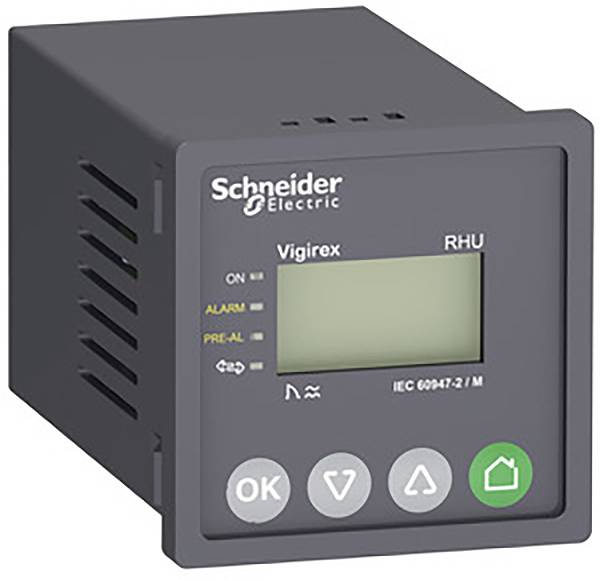 Et sort elektrisk kontrolapparat fra Schneider Electric med en skærm og knapper.