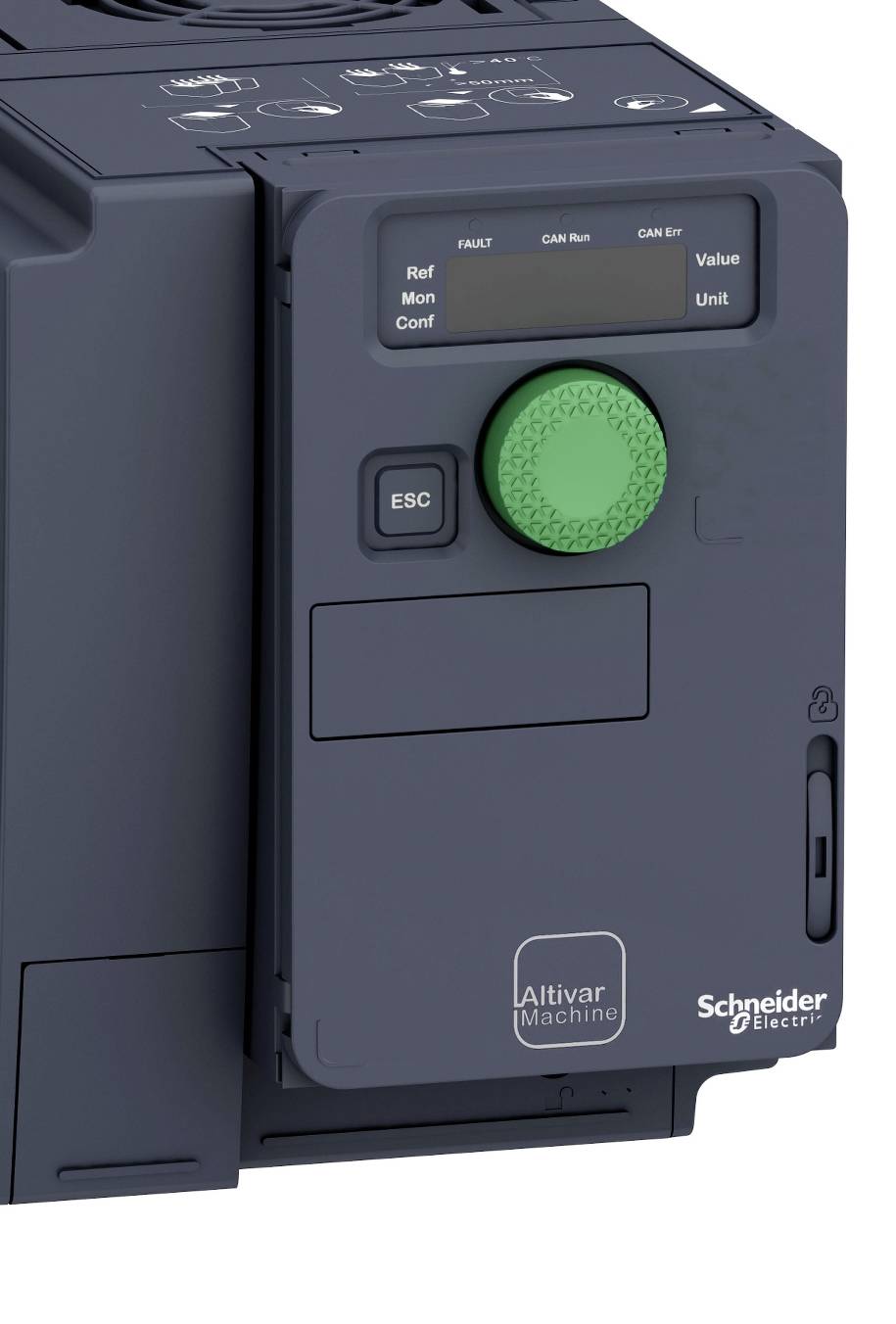 Et sort tavlepanel fra Schneider Electric med en grøn knap og displays. Model 'Altivar Machine'.