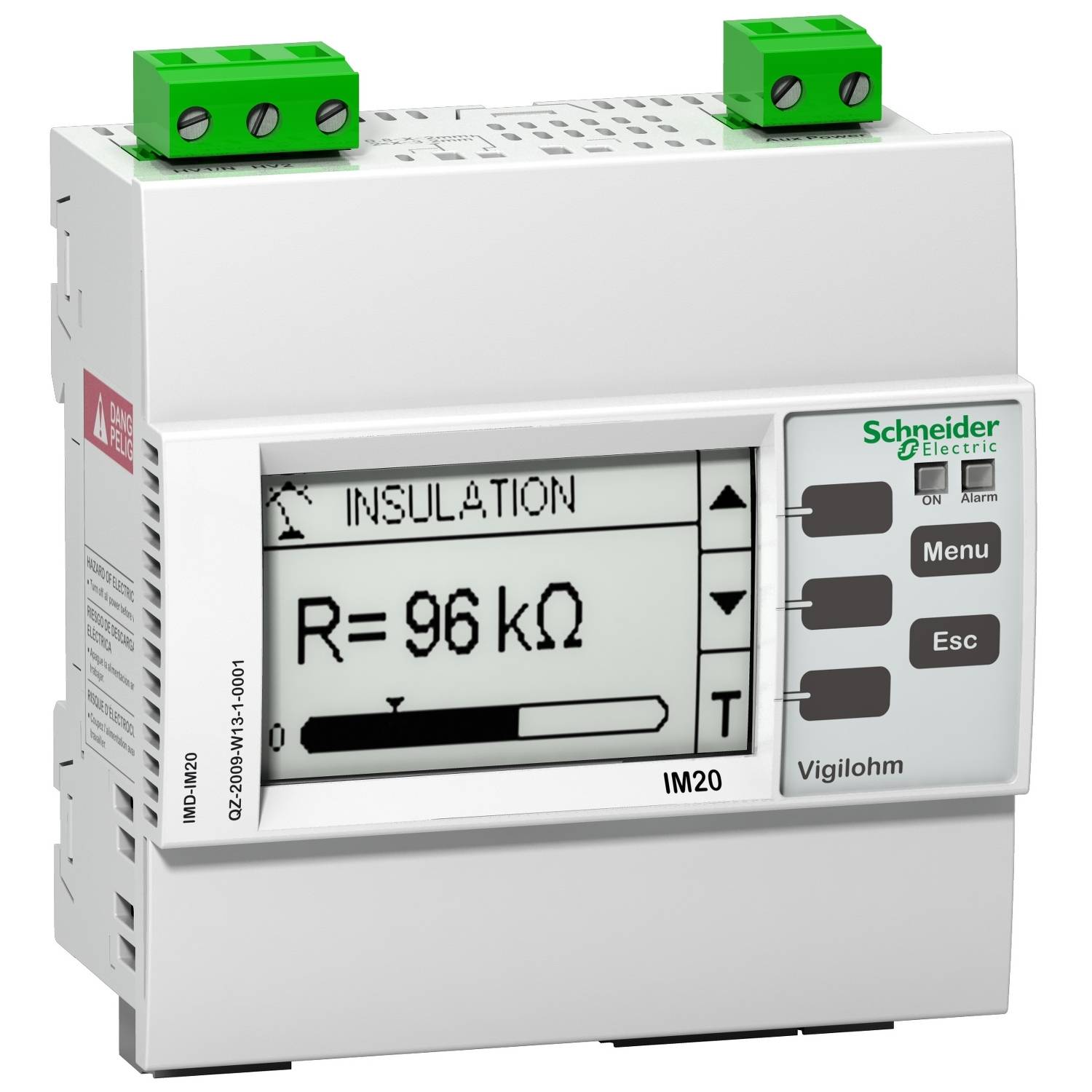 Et elektrisk måleapparat fra Schneider Electric viser en isolationsmåling på 'R = 96 kΩ'. Taster: Menu, Esc.