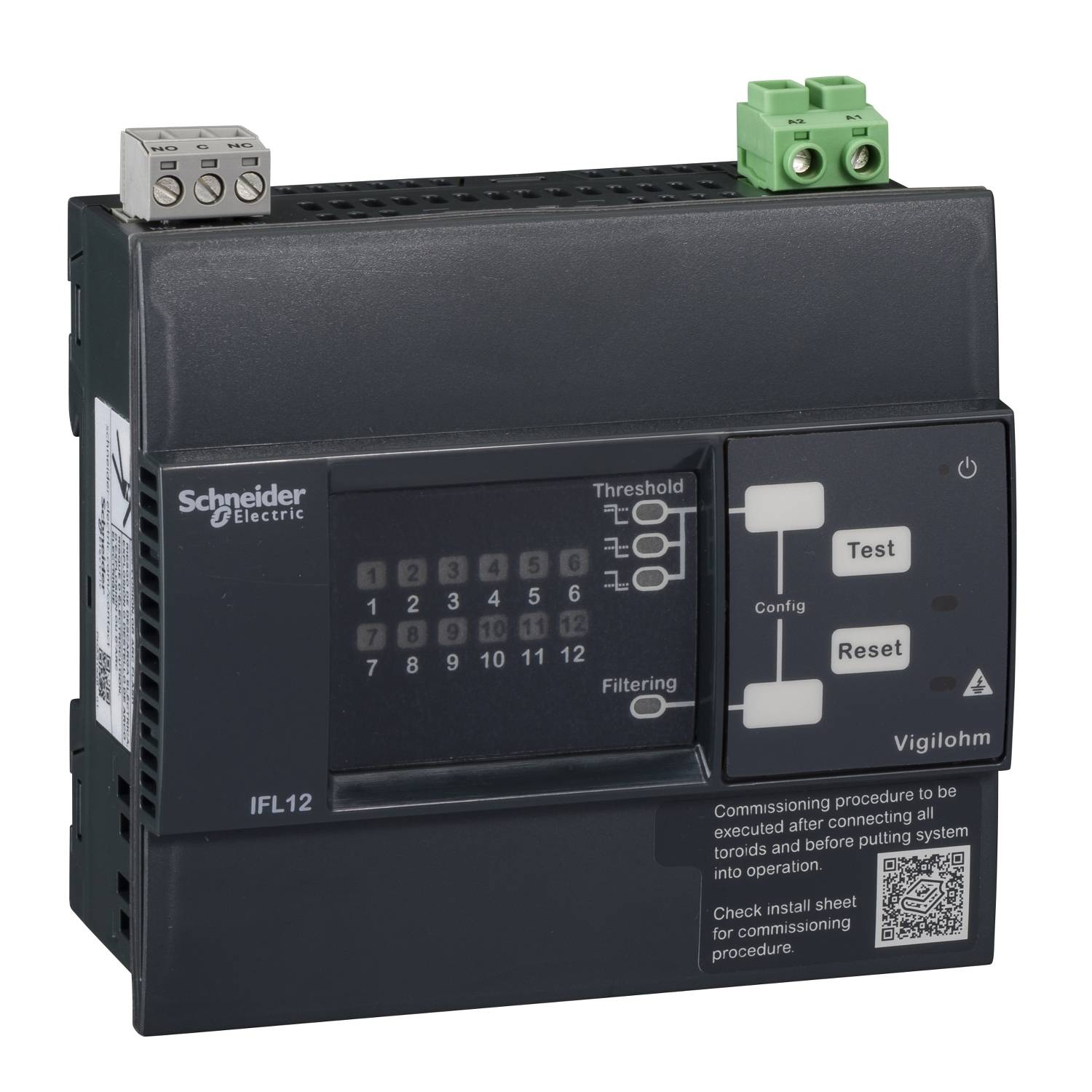 Schneider Electric isolationsvagt med betjeningspanel, 'Test'- og 'Reset'-taster samt LED'er til statusvisning.