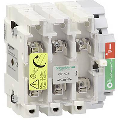 Kontakt fra Schneider Electric med løftearmen i positionen 'TIL'. Viser tekniske detaljer som spænding og strømretningslinjer.