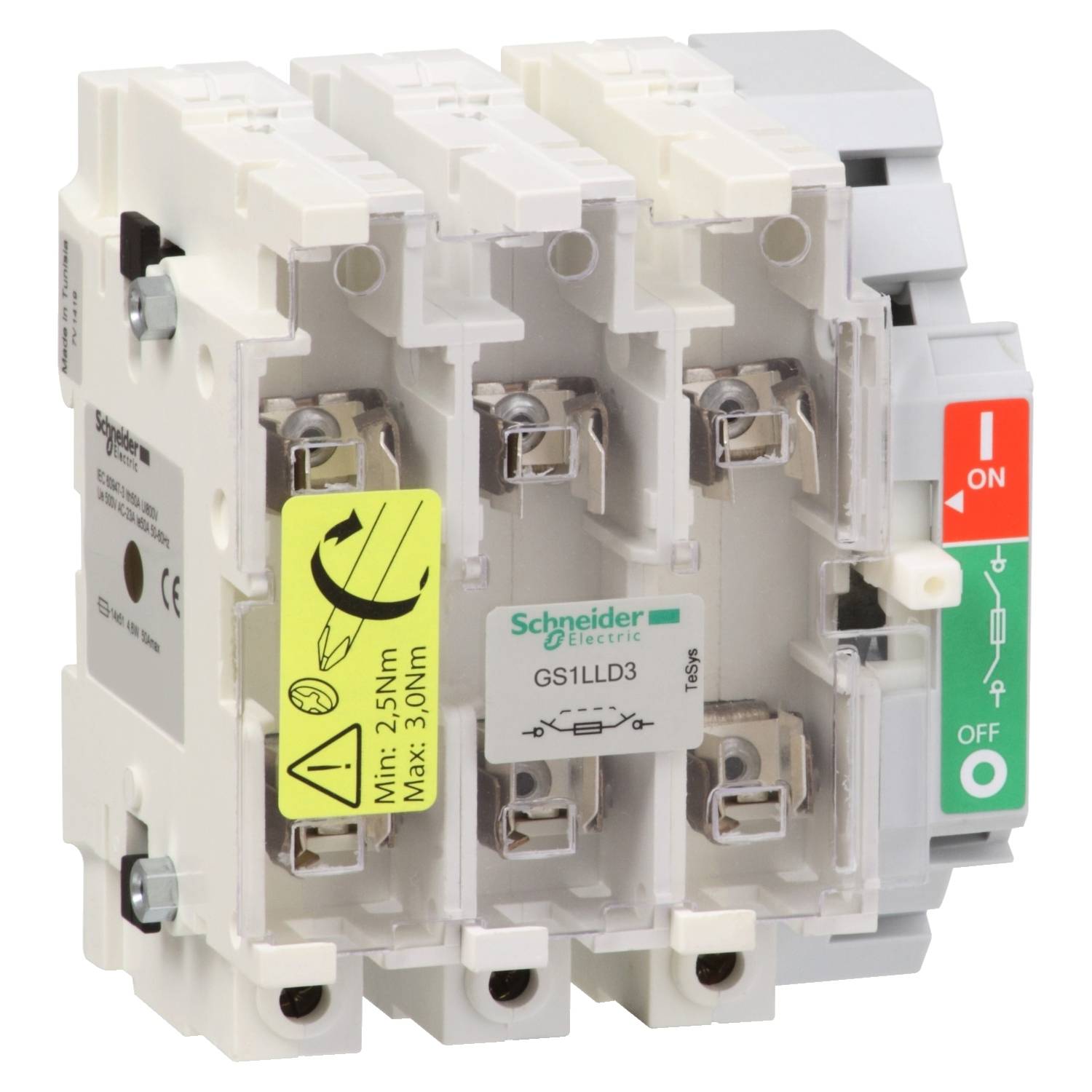 Trepolet elektrisk afbrydertil fra Schneider Electric med gul mærkat til angivelse af minimale og maksimale drejningsmomenter. Markeringer: 'TIL' og 'FRA'.