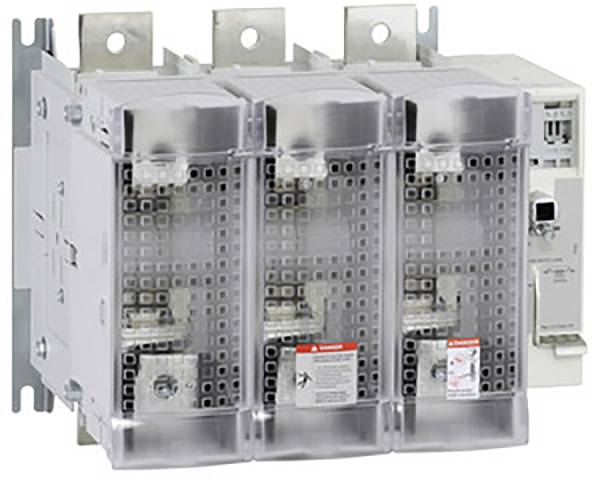 En elektrisk effektafbryder med tre gennemsigtige afdækninger. Primært til industrielle anvendelser og sikkerhed.